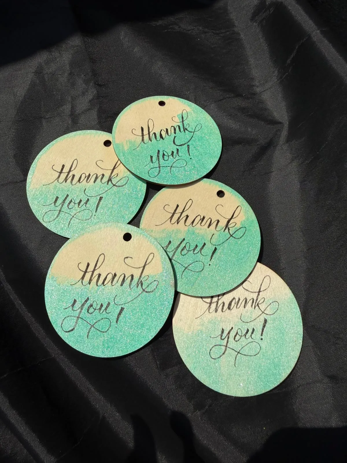 Mint ombré wooden thank-you tags in hand calligraphy